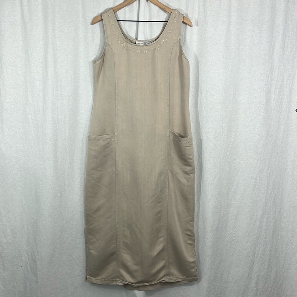 Cherokee Tan Embroidered Sleeveless Pockets Maxi Dress Modest Womens Size M